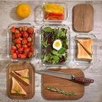 Glass Container Set with Acacia Lids - 4 Stackable Meal Prep Containers. Durable heat resistant Inert Borosilicate Glass - color: 4 Containers with Acacia Lids