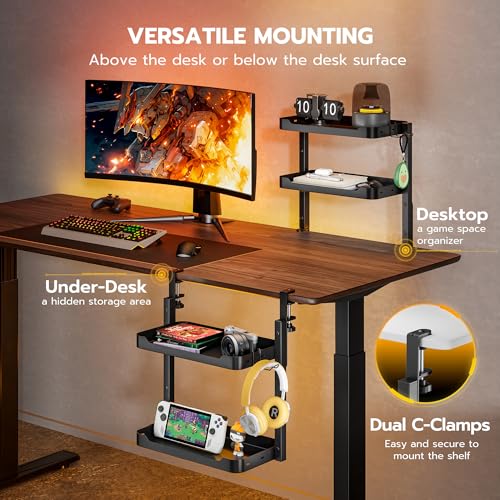 ARES WING 2-Tier Clamp On Desk Shelf, 16 inch Adjustable Above or Under Desk Storage Shelves Holds 66 lbs, Heavy Duty Desktop Organizer with Headphone Holder for Working and Gaming Accessories, Black - color: Black, size: Dual Shelf