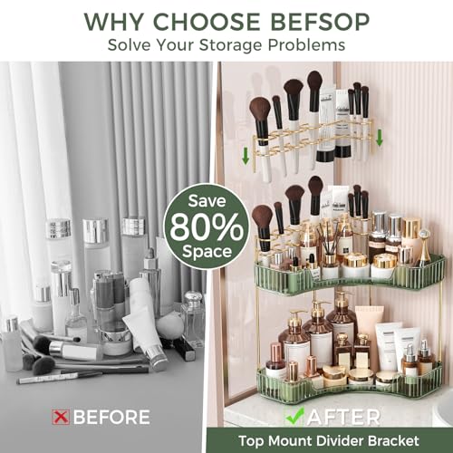 BEFSOP Corner Bathroom Counter Organizer, Upgraded 2-Tier Makeup Organizer Countertop with Makeup Brush Holder, Skincare Exquisite Vanity Organizers Countertop Bathroom Storage Dresser(Green) - color: Green, size: 2 Tier