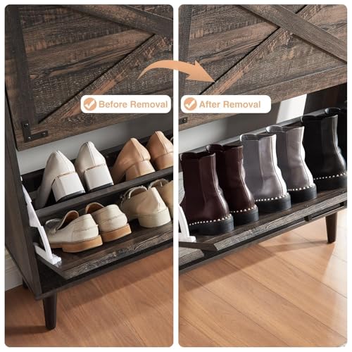 Barnyatoh Shoe Storage Cabinet,Farmhouse Shoe Organizer with 2 Flip Drawers & Barn Door Design,Freestanding Hidden Slim Narrow Shoe Rack Cabinet for Entryway,Foyer,Hallway,Dark Oak - color: Dark Oak, size: 2-Drawers