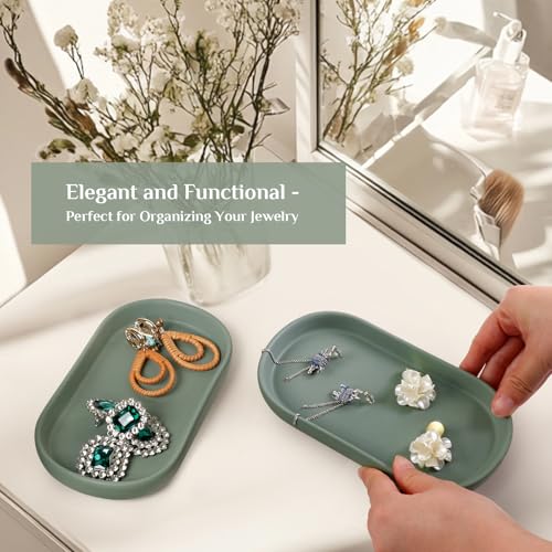 Ceramic Jewelry Tray – Oval Vanity Dish for Rings, Earrings, Bracelets – Minimalist Decorative Trinket Holder for Dresser, Bathroom, Nightstand – Matte Green - color: Green_1pcs