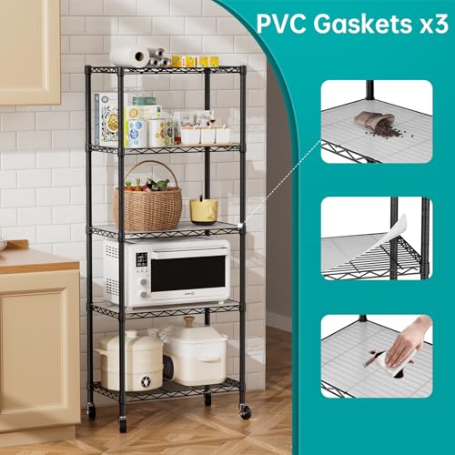 SINGAYE 5 Shelf Storage Wire Shelves Closet Bathroom Organizers Metal Pantry Kitchen Garage Shelving Unit Laundry Room Organization Home Narrow Rack Net Basket with Wheels Black - color: Black, size: 5Tier/14"D X 24"W X 61"H