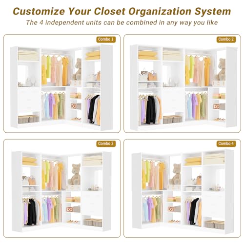 Unikito 86” Closet System, Large Corner Closets Organizer with Hanging Rods and Mirror Design, Freestanding Adjustable Wood Clothes Garment Rack with Drawers, Sturdy Walk in Closet Tower, White
