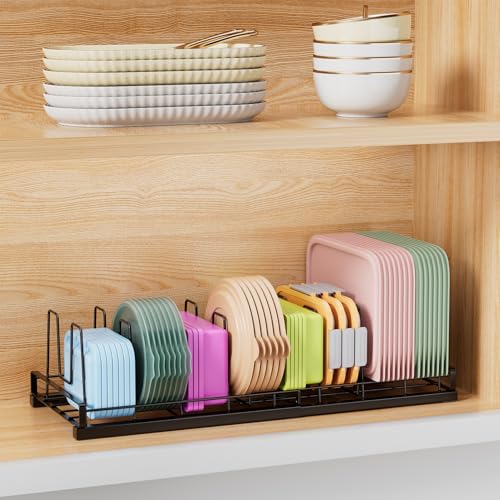 Expandable Food Container Lid Organizer, 9 Adjustable Dividers Sturdy Metal Pot and Pan Organizer Rack for Kitchen Cabinets, Drawers, Pantry Shelves, Countertops, Black, 8.15" Wide - color: Black,13"-21" Expandable,9 Dividers