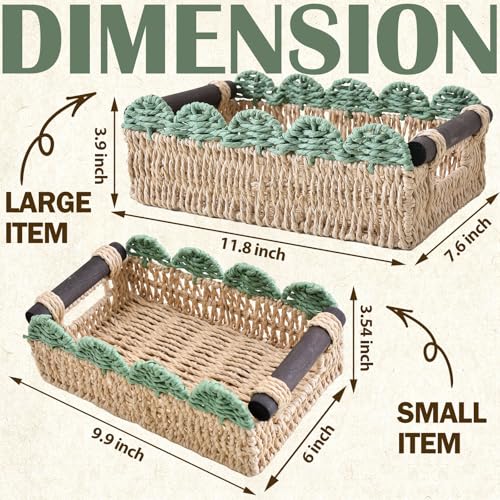 Wicker Basket with Built-in Handles, Small Scalloped Basket for Organizing, Set of 2 Decorative Baskets for Home and Toilet Paper Storage（Beige+Green） - color: Beige+Green