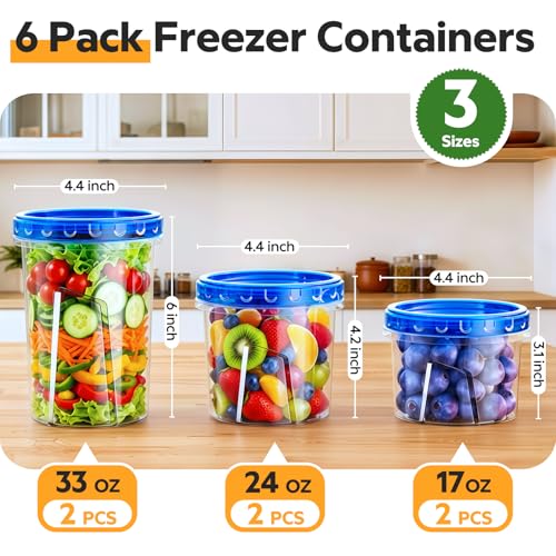 HOMETALL Freezer Storage Containers, [6 Pack- 33/24/17 OZ] Airtight Plastic Food Storage Containers with Twist Top Lids, Soup, Meal Prep Containers | BPA Free | Stackable | Leakproof | Microwave Safe