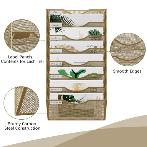 EasyPAG 8 Pocket Mesh Wall File Organizer, Hanging Paper Folder Holder with Classify Label, Vertical Wall Mount Mail Organizer for Office Home Classroom, Gold - color: Gold, size: 8 Tier