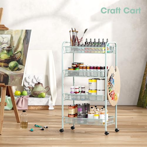 TOOLF 4-Tier Rolling Cart, Metal Utility Cart with 3 Hooks, Easy Assemble Mobile Storage Trolley On Wheels, Metal Shelving Units Kitchen Bathroom Laundry Room - color: Green, size: 4-Tier