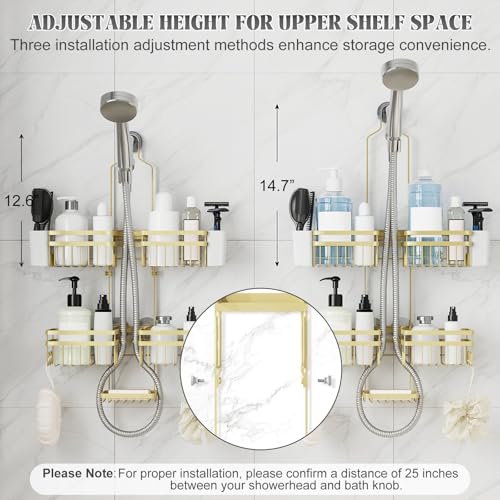 Shower Caddy Hanging for Bathroom Organizers and Storage - 3-Tier Adjustable Anti-Swing Shower Organizer Hanging with Heavy-Duty Suction Cups, Damage-Free Rustproof (Gold) - color: GOLD, size: width
