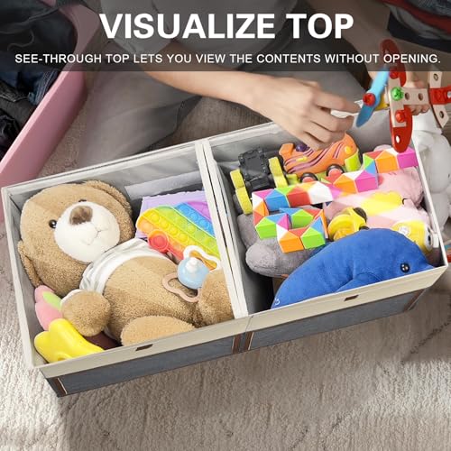 2 Pack Large Toy Storage Box with Clear Lids Collapsible Toys Chest Organizer Bin Basket with Adjustable Dividers for Kids Boys Girls Living Room Nursery Playroom Closet Beige and Grey - color: Beige and Grey, size: 2 Pack