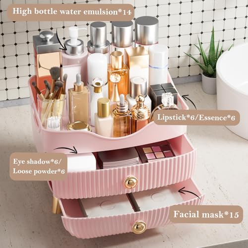 Makeup Organizer Countertop, Large Capacity Skincare Cosmetic Organizer for Vanity with 2 Drawers, Cosmetic Display Cases Makeup Storage Box for Bedroom, Bathroom, Ideal Gifts for Women(Pink) - color: Pink