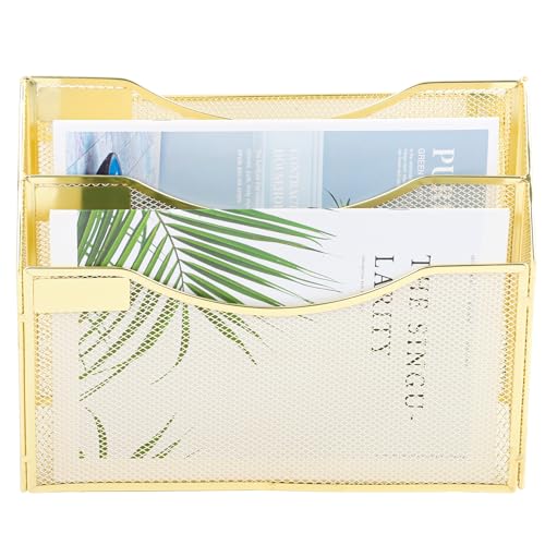 EASEPRES 3 Pocket Mesh Hanging Wall File Organizer, Wall Mounted Mail Paper Document Folder Holder, Clipboard Storage Organization Magazine Rack with Nametag Label for Office Home School, Gold - color: Gold, size: 3 Tier