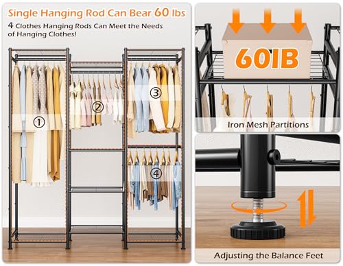 HOMIDEC Wardrobe Closet, 4 Hanging Spaces Portable Clothes Rack,Free Standing Closet Organizer and Storage System with Hanging Rods,Clothing Rack Suitable for Cloakroom,Bedroom,Entrances,etc.Black - color: Black