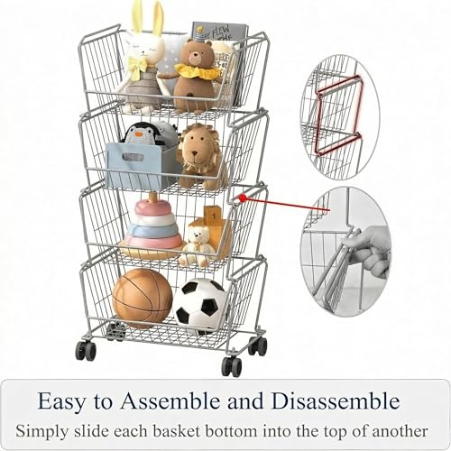 PUSDON 4-Tier Spacious Stackable Wire Storage Baskets with Wheels, Metal Rolling Utility Cart Organizer, Fruit and Vegetable Produce Basket for Kitchen Pantry, Everyday Bathroom Shelf, Silver Grey - color: Silver Grey, size: 4 Tier Standard