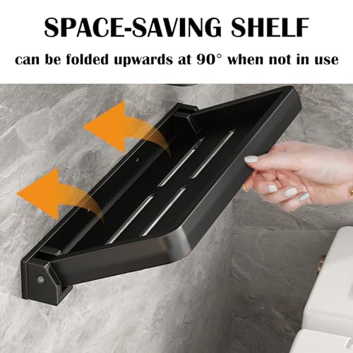 SAGUD 2pcs Bathroom Shelf Wall Mounted Hidden Foldable Shelves for Compact Camper Storage 12inch Waterproof Metal Shower Rack for Laundry Toilet Room RV Wall Organizer, Black
