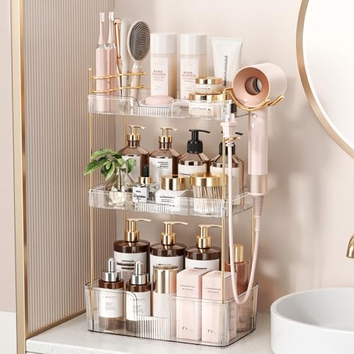 Bathroom Counter Organizer for Vanity, Makeup Organizer Countertop with Holder, Large Capacity Storage Rack, Perfect Large Skincare, Hair Care, Perfume, Easy to Install (Clear, 3Tiers) - color: Clear, size: 3 Tiers