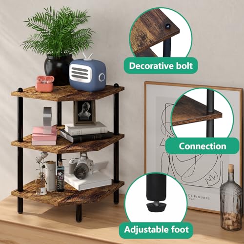 Desktop Corner Stand Shelf for Storage, 3 Tier Corner Shelf Organizer, Rustic Brown Rack for Small Spaces, Bedroom, Home Office, Kitchen, Bathroom - color: Rustic Brown
