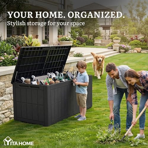 YITAHOME 134 Gallon Large Outdoor Storage Box with Lock, Waterproof Deck Box with Hydraulic Piston for Garden Tools, Pool Accessories & Cushions, Resin Deck Organizer with Bench Seat(Black) - color: Black, size: 134 Gallon, style: Deck Box