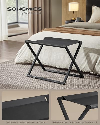 SONGMICS Luggage Rack, Foldable Suitcase Stand, Metal Luggage Holder, Synthetic Leather, Easy to Assemble, for Guest Room, Hotel, Bedroom, Ink Black and Charcoal Gray URLR009B01 - color: Black, size: 1 Pack, style: with Synthetic Leather