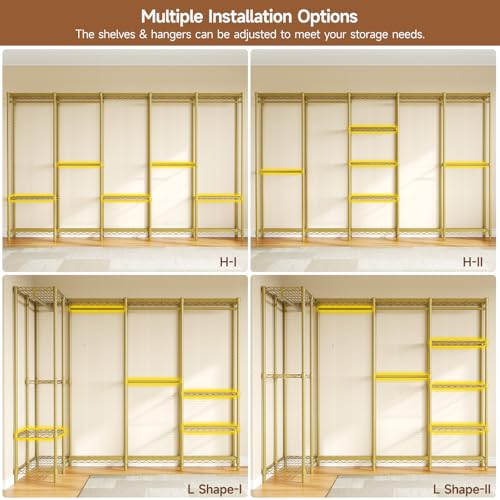 ONBRILL F5 Extra Large Industrial Pipe Clothing Rack, Freestanding Portable Closet Organizer System with Shelves & Hanging Rods, 88.6'' Wide Heavt Duty Clothes Rack, Max Load 1300lbs, Gold - color: Gold