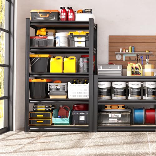 Garage Shelving Heavy Duty 5-Tier Storage Shelves, Adjustable Shelving Unit, Utility Garage Organizer Shelf for Basement, Pantry, Kitchen, Warehouse,Supermarket, 12" Dx28 Wx71.2 H, Black - size: 5-Wood-12"Dx28"Wx71.2"H