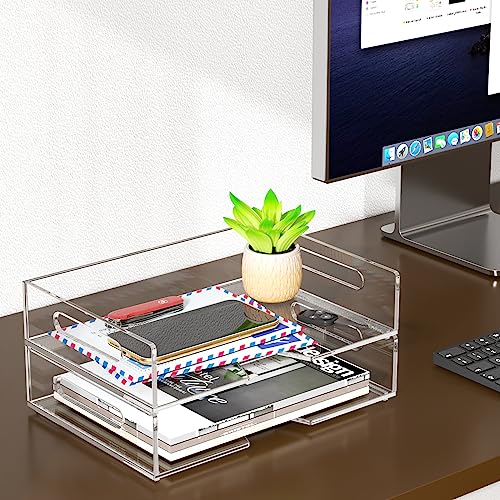 HIIMIEI Acrylic Paper Tray 2 Pack Clear Letter Tray Desk Stackable Organizer for School, Home, Office - Horizontal - style: Horizontal