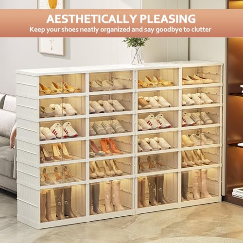 SYNCVIBE Foldable Shoe Rack Organize 6 Tier Plastic Shoe Shelf, 12 Pairs Collapsible Shoes Storage Bins, Large Folding Shoe Boxes for Closet with Doors, Stackable Storage Shoe Cabinet - size: 6 Tiers -12 Pairs