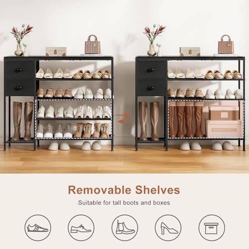 5-Tier Shoe Rack with 2 Fabric Drawers, Metal Frame and Wooden Board Shoe Organizer for 16-20 Pairs of Shoes, Shoe Shelf with Boots Storage for Entryway Closet Black - color: Black
