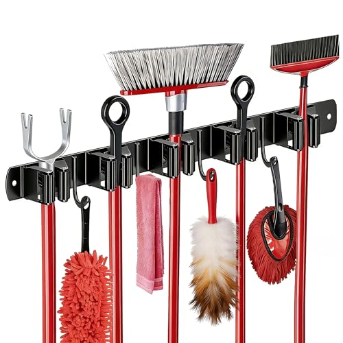 5 Racks and 4 Hooks Mop and Broom Holder Wall Mount, SUS304 Heavy Duty Broom Organizer Storage Tool Racks, Self Adhesive Solid Non-slip Tool Hangers for Home Kitchen Garden Laundry Garage - color: 5 Racks & 4 Hooks (Black) - 1 Pack