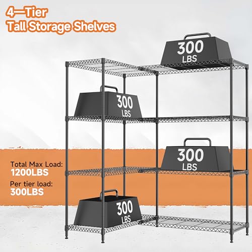 M MZG 4 Tiers Storage Shelves Load 1200LBS, Metal Shelving Wire Metal Shelving Unit Shelves for Storage Adjustable Garage Shelving for Pantry Kitchen Garage Black 15.8" D x 33.5" W x 59.5" H - color: Black, size: 4 Tiers, 15.8"D x 33.5"W x 59.5"H
