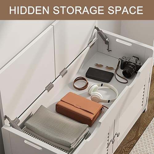 ChooChoo Shoe Storage Bench with Lift Top Storage, Entryway Bench with 2 Cushioned Seats, 3 Compartments, Adjustable Shelf, Shoe Cabinet for Entryway, Bedroom, Living Room, White - color: White, size: 13.78"D x 29.53"W x 19.69"H