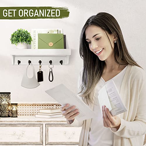 Rebee Vision Key and Mail Holder for Wall with Floating Shelf : Decorative Hanging Organizer with 5 Sturdy Keys Hooks and Wall Mount Key Rack - Farmhouse Entryway Décor (Modern White) - color: White
