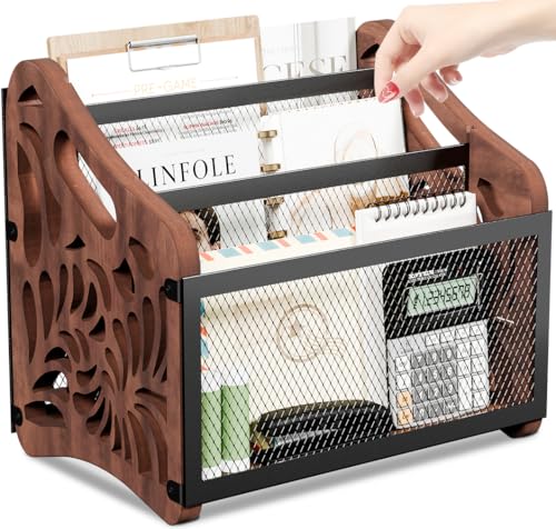 Magazine Holder,3-Compartment Magazine Rack Floor,Wood Magazines File Holder Organizer,Rustic Magazines Storage Basket for Books,Newspapers,Mails,Files - color: Brown