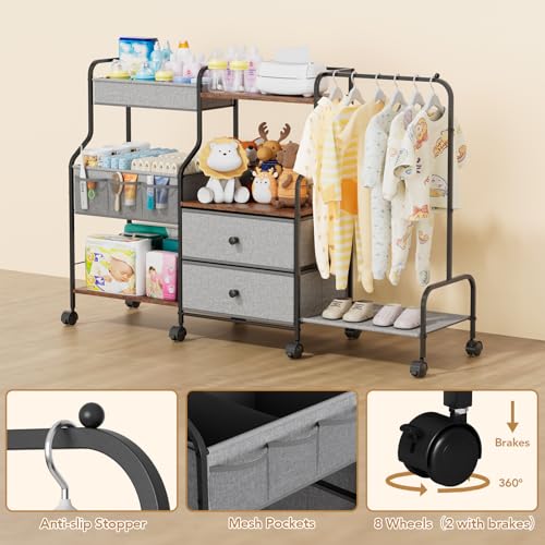 BBLIKE Diaper Caddy Organizer with Hanging Rack - 3 Tier Rolling Utility Cart with Drawers and Dividers for Baby Bottle Storage - Bedside Cart for Changing Station, Crib, Nursery, Bedroom, Gray - color: Grey
