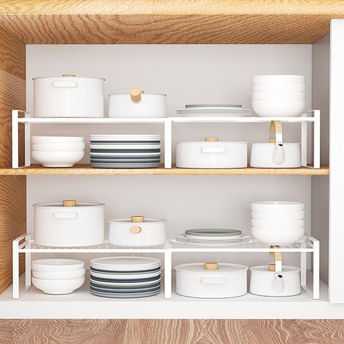 13"-24" L Expandable Cabinet Shelf Rack Set of 2, Stackable Kitchen Countertop Cupboard Organizers and Pantry Storage Shelves - color: White