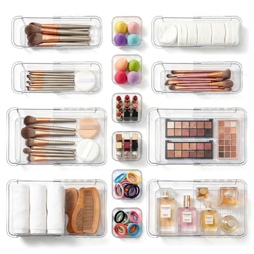 14 Pcs Clear Drawer Organizer - 3 Sizes, Adjustable Drawer Storage Box, Desk Drawer Organizer, Acrylic Storage Bins for Makeup, Cosmetic, Kitchen Utensils, Bedroom Dressers Tool Organizer for Gadgets