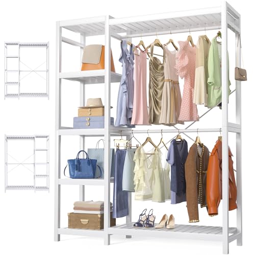 Homykic Bamboo Clothes Rack Garment Rack for Hanging Clothes, Heavy Duty Clothing Rack with 7 Tiers Adjustable Shelves, Double Rods, 4 Hooks, Freestanding Closet System Organizer Wardrobe, White - color: White, size: II Medium