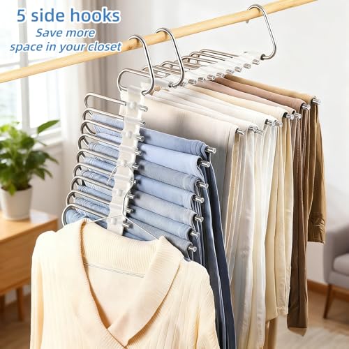 Cididu 4 Pack Pants Hangers Space Saving 9 Layers, Non-Slip Closet Storage Organizers, Stainless Steel Jean Clothes Hanger Pants Rack for Trousers Scarf Leggings Skirts, Dorm Room Apartment Essentials