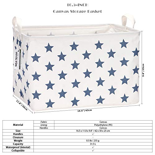 Sea Team Collapsible Canvas Fabric Storage Basket with Handles, Rectangle Waterproof Storage Bin, Box, Cube, Foldable Shelf Basket, Closet Organizer, 16.5 x 11.8 x 9.8 Inches, Navy Star - color: Star/Navy Blue, size: 16.5 Inch (Pack of 1)