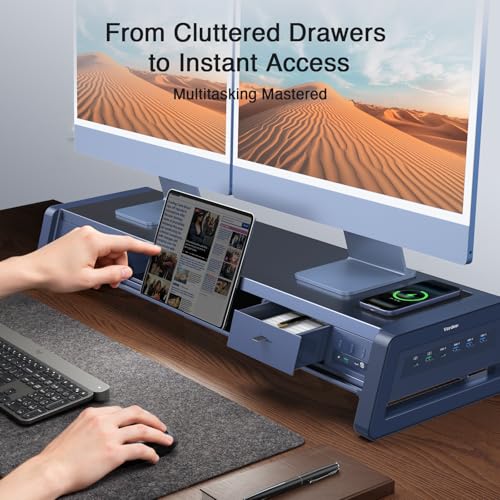 Vaydeer All-in-One Dual Monitor Stand Riser with 2 Drawers, 8USB Ports and Wireless Charging Pad with LED Light Strip for 2 Monitors , Desk Organizer for PC, iMac (Metal, 39.3 inches)-White - color: White