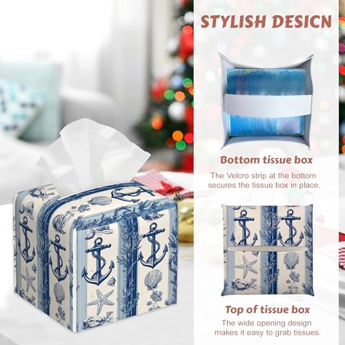 2 Pcs Tissue Box Cover Square,Anchor Starfish Tissue Box Holder Leather Facial Paper Organizer Dispenser for Bathroom Kitchen Bedroom Night Stand Office Desk - color: Anchor Starfish