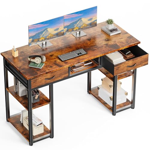 DUMOS 48" Small Computer Home Office Desk for Bedroom with Drawers, Gaming Writing Study Table with Storage Shelf, Adjustable Feet, Metal Frame Natural Brown - color: Brown, size: 48-In