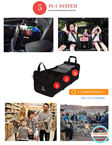 Tuff Viking Convertible Large 3 Compartment SUV Trunk Organizer with Cover | Truck Bed Organizer | for Trucks, Cars, SUVs and Groceries with Tie Down Straps. (5 in 1, Black) - color: Black, size: 5-in-1