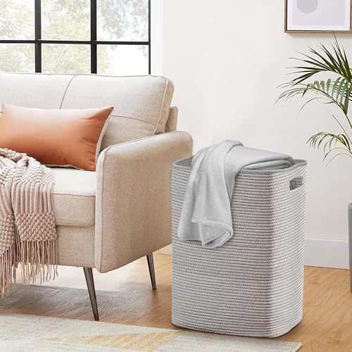 MEGASKET Large Laundry Hamper 16"x13"x22" - Tall Woven Laundry Basket, Cotton Rope Dirty Clothes Hamper, Baby Kids Nursery Wicker Laundry Basket, Bedroom Aesthetic, Soft Laundry Bin, Gray Hamper, 75L - color: Gray