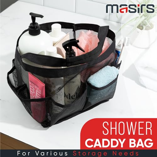 Masirs Shower Caddy Mesh - 9 Pocket Portable Bathroom Organizer Tote for Travel, Gym & Dorm - Collapsible Small Shower Caddy Bag to Hold Toiletries & Essentials (Black) - color: Black