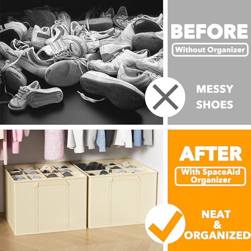 SpaceAid Shoe Organizer for Closet, 2 Pack Foldable Shoe Storage Containers Baskets Boxes Bins w/Adjustable Dividers, Fits 16-32 Pairs, Beige - color: Beige