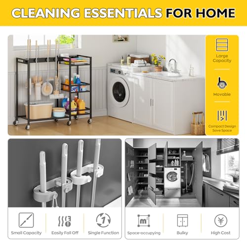 Broom Holder with Cleaning Supplies Organizer, Movable Broom Closet Storage Cabinet with Cleaning Caddy, Cleaning Cart with Mop Rack, Janitorial Housekeeping Cart on Wheels, Laundry Room Organization - size: Large