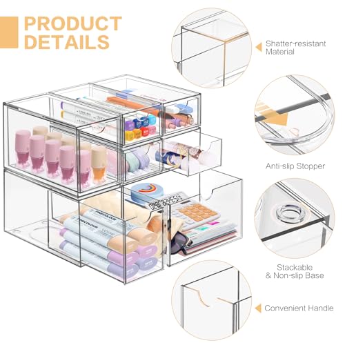 Desk Organizer with 7 Drawers, FODIENS 7 Packs Acrylic Stackable Desktop Storage Drawers Makeup Organizer, Clear Craft Storage Box Cabinets for Office Vanity Countertop Bathroom Bedroom - size: 7 Drawers