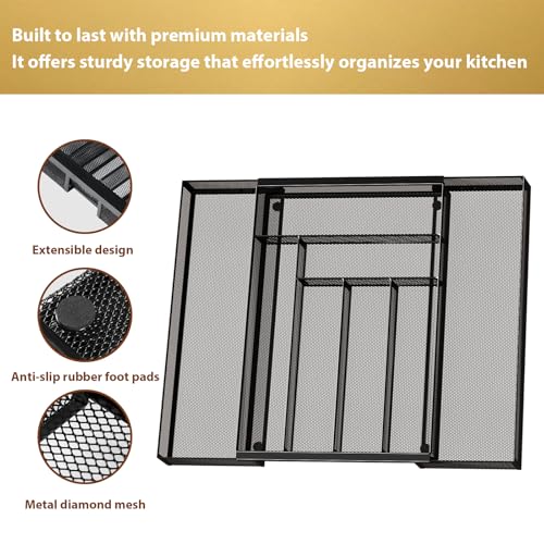 Sedegn Silverware Organizer Metal Mesh, Large Drawer Organizer, Utensil Cutlery Tray for kitchen drawers, Expandable Flatware Organizer with 8 Compartment Black 11.6"~20" x 17.3" - color: Black, size: Expandable 11.6"~20" x 17.3"