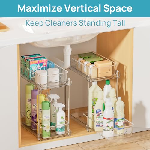 Vtopmart 4 Pack Higher Bathroom Organizer, 2 Tier White Under Sink Organizers Vanity Countertop Storage Container,Cabinet Drawers Bins, Pull-Out Organization with Track for Pantry, Kitchen - color: Transparent, size: S-Higher (4 Pack)
